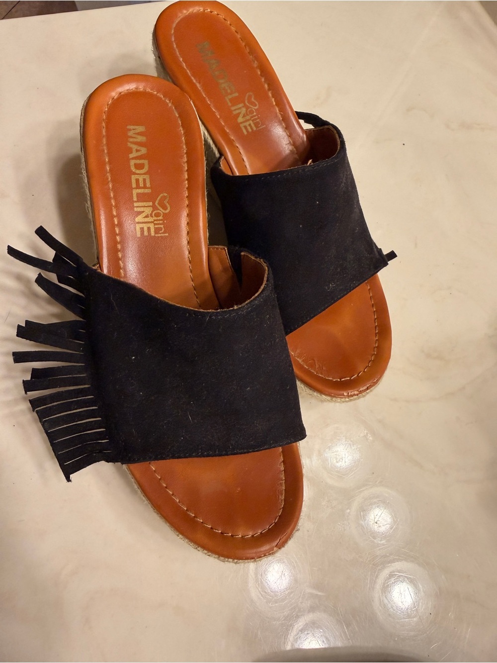 Madeline Black Suede Fringe Slide Mules with Tan Footbed
